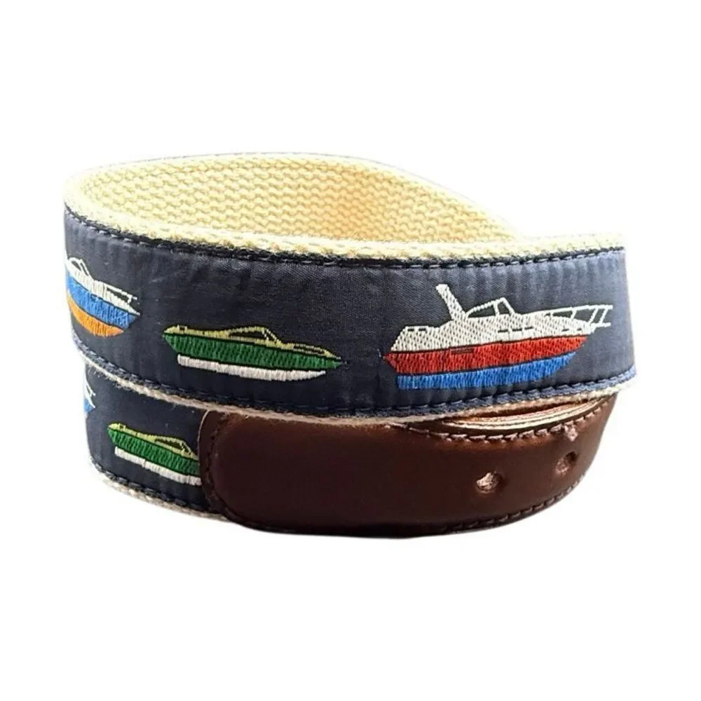 Canterbury Sz 32 Canvas Belt Blue Nautical Boats Leather Trim Solid Brass VTG